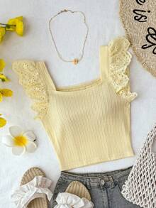 Tween Girls' Solid Light Yellow Casual Vacation Home Patchwork Embroidery Lace Trim Textured Knit Fitted Cropped Square Neck T-Shirt - Yellow - View 1