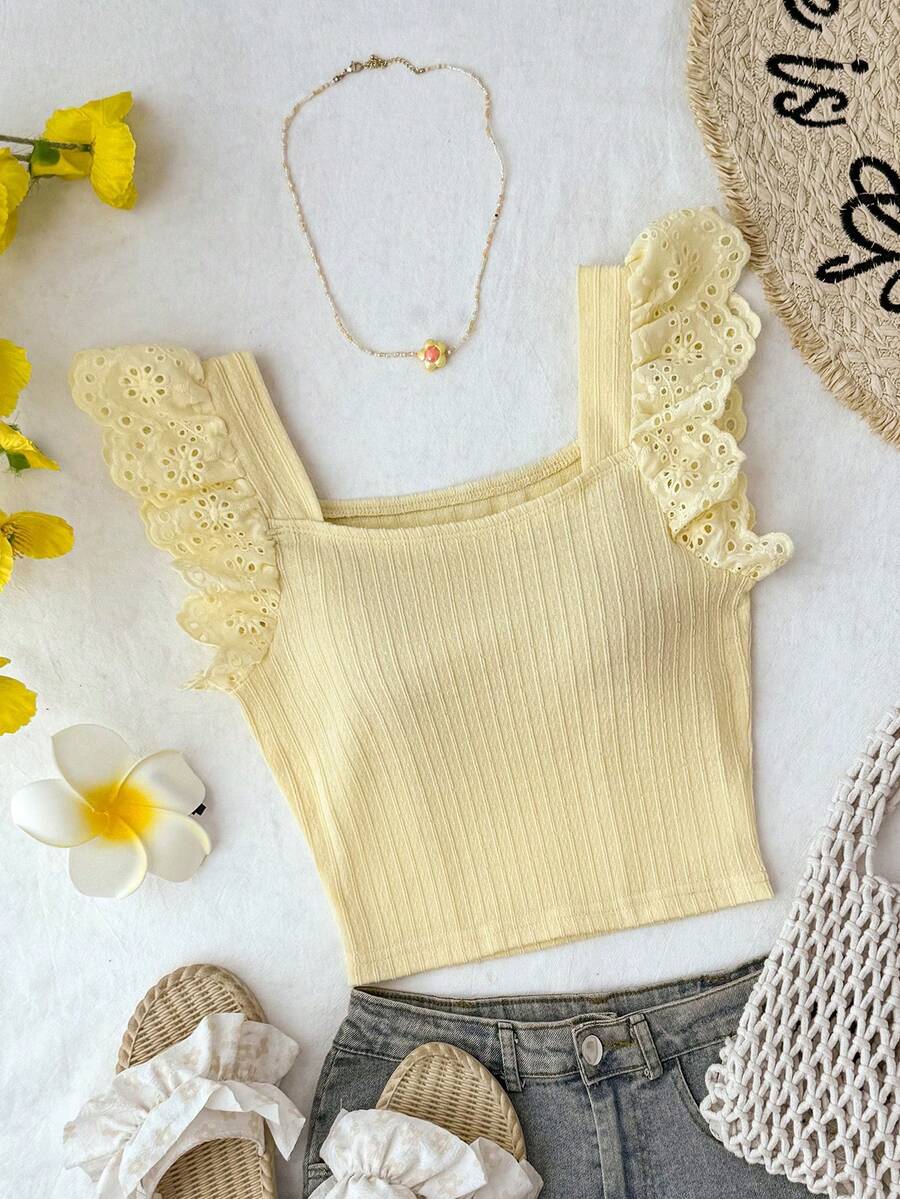 Tween Girls' Solid Light Yellow Casual Vacation Home Patchwork Embroidery Lace Trim Textured Knit Fitted Cropped Square Neck T-Shirt - Yellow - View 1