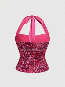 ROMWE Y2K Camiseta de tirantes ajustada con estampado de leopardo, cadena metálica y strass para mujer de talla grande - Rosa Fucsia - Ver 2