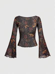 ROMWE Fairycore 可爱性感花卉蝴蝶印花薄纱低胸上衣，适合秋冬季穿着 - 棕色 - 查看 2