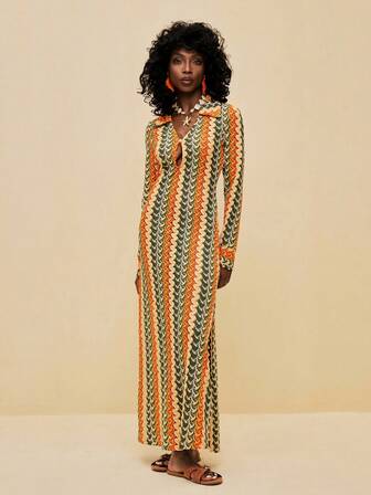 SHEIN Veneréa Dam Sommar Strand Skjorta Krage Mesh Spets Texturerat Mönster Långärmad Djup V-ringning Knappjusterbar Slits på 2 Sidor Klänning Med Slits