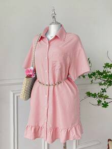 SHEIN EZwear Đầm suông rộng tay ngắn kẻ sọc xanh navy và trắng, viền bèo nhún, cỡ lớn, thích hợp mặc khi đi làm, trở lại trường, thường ngày, hẹn hò, đi chơi - Đỏ và trắng - Xem 1