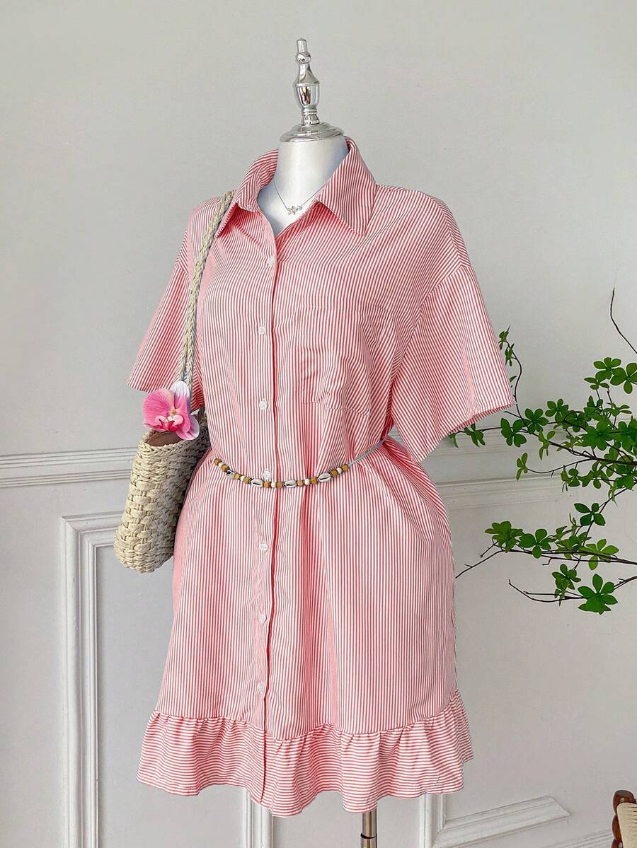 SHEIN EZwear Đầm suông rộng tay ngắn kẻ sọc xanh navy và trắng, viền bèo nhún, cỡ lớn, thích hợp mặc khi đi làm, trở lại trường, thường ngày, hẹn hò, đi chơi - Đỏ và trắng - Xem 1