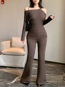 DAZY Women's Elegant Solid Color Asymmetrical Shoulder Sweater & Pants 2 Pieces Set, Autumn/Winter - Coffee Brown - View 8
