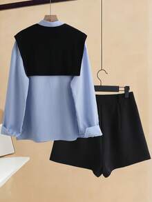 Franclia Ensemble Top à manches longues rayé rafraîchissant et short de couleur unie pour femmes