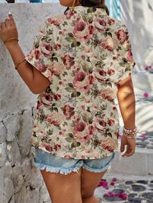 EMERY ROSE Áo sơ mi nữ cỡ lớn cổ chữ V tay ngắn, kiểu dáng đơn giản cài cúc phía trước, in họa tiết hoa, thoải mái, phù hợp cho mọi mùa. - Nhiều màu - Xem 2