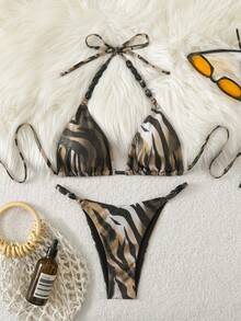 Swim SXY 2pcs/Set Animal Print Textured Beaded Halter Triangle Bikini Top And Bottoms Sexy Women Swimsuit Set, Spring/Summer Animal Print Bathing Suit Animal Print Swimwear Birthday Beaded Bikini Animal Print Bikini Zebra Print Bikini Animal Print Swimsuit Sexy Swimwear Sexy Beach Outfits Bikini 2 Piece Set Sexy Beach Outfits For Woman - Multicolor - View 4