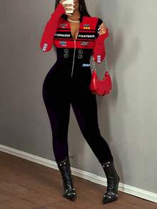 Slaydiva Casual Letter Pattern Contrast Color Motorcycle & Racing Long Sleeve Front Zipper Jumpsuit, Suitable For Autumn/Winter Y2k - Multicolor - View 1