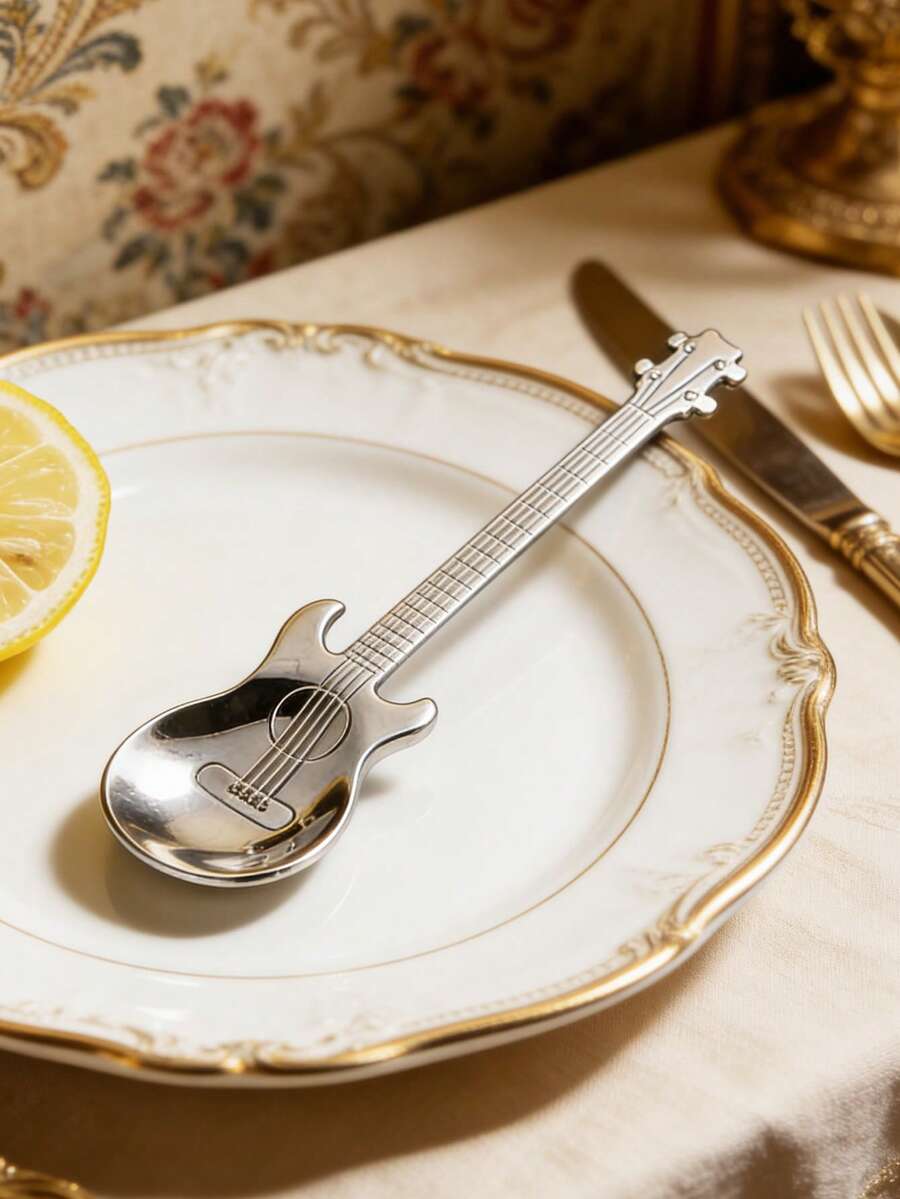 1pc Silver Creative Guitar Shaped Spoon, Suitable For Coffee, Tea, Desserts, Ice Cream - Stainless Steel Kitchen Utensil, Kitchenware, Tableware