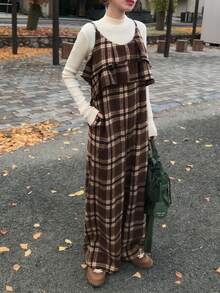 FRIFUL Bộ jumpsuit nữ kẻ caro xếp lớp, ống thẳng, dáng rộng, thoải mái, đa năng cho mùa thu/đông, thích hợp mặc ở nhà. - Nhiều màu - Xem 6