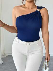 Elenzga Plus Size Women Metallic Pleated Blouse In Navy Blue Royal Blue One Shoulder Top One Sleeve Top One Shoulder Blouse Women Sexy Tops Women Sleeveless Tops - Blue - View 3