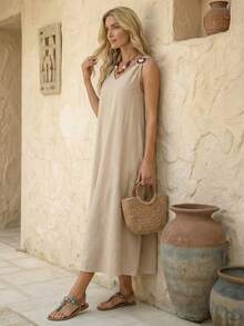 Sylviya 女士夏季純色圓環扣V領無袖長裙