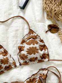 Swim Mod Fabric Halter Tie Side Bikini Set With Plant Pattern And Lace Up Design For Women - Multicolor - View 6