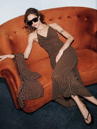 Lumivelle Valentine's Day Chiffon Polka Dot Pattern Wrap Collar Tie Scarf Spaghetti Strap Backless Waist A-Line Vacation Party Elegant Sexy Luxurious Romantic Minimalist Sleeveless Maxi Dress For Women, Spring/Summer Brown Polka Dot Dress Halter Neck Dress  Summer Dress Dress For Wedding Guest Ribbon Dress