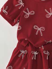 SHEIN Playful Pals Baby Girls' Korean Style Cute All-Over Print Pink Butterfly Knit Short Sleeve Top And Matching All-Over Print Pink Butterfly Knit Skirt, Summer - Burgundy - View 5