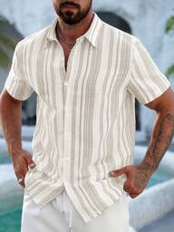 Manfinity RSRT Regular Shoulder Striped Front Button Casual Summer Slim Fit Short Sleeve Shirt