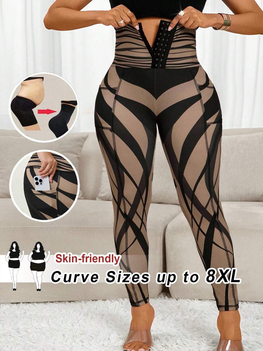 SHEIN CURVE+ Quần legging nữ họa tiết sọc hình học cỡ lớn thời trang xuân hè thanh lịch thường ngày cho kỳ nghỉ/2026/Năm mới - Nhiều màu - Xem 1