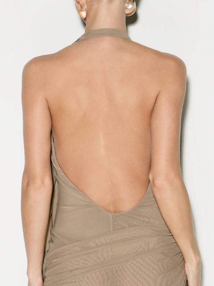KIZN Mesh Drape Halter Neck Maxi Dress With Ruched Waist Detail And Plunging Neckline For Evening Occasions