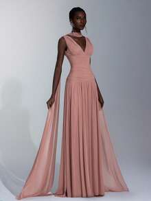 Elitara 优雅酒红色亮面网纱V领褶皱超大A字裙（可拆卸吊带雪纺荷叶边），适合约会、单身派对、婚礼、正式场合、伴娘礼服 - 藕粉色 - 查看 8