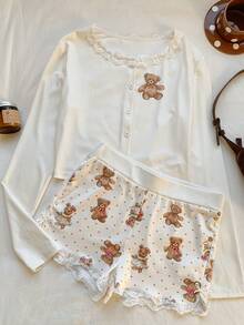 Comfortcana 女士卡通熊单排扣上衣和短裤休闲两件套 - 米色 - 查看 7