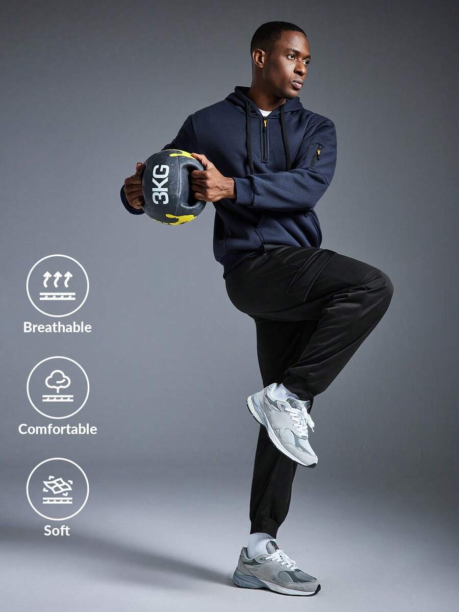 男士休闲连帽半拉链卫衣和工装裤套装，时尚户外套装，适合春夏季节穿着 - 藏蓝色 - 查看 1