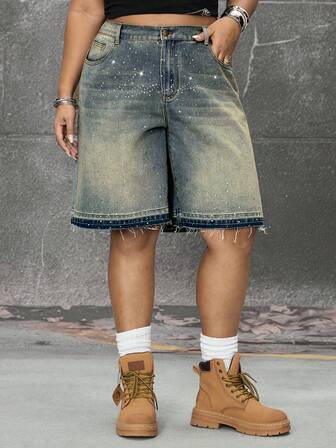 Grunge Punk Damen Denim Shorts in Große Größen mit Strass-Knöpfen