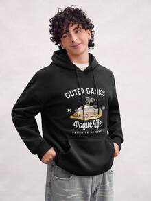 Open Phase 男士印花保暖连帽衫，美式街头风，适合秋冬季穿搭，日常百搭，送给男友/老公的礼物 - 黑色 - 查看 6