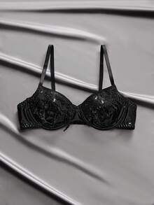 SHEIN Áo ngực nữ chất liệu da bóng PU, tua rua kim sa màu đen, gọng sau 2 móc, áo ngực gợi cảm - màu đen - Xem 6