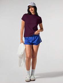 Menodora SHEIN Sport Áo thun nữ cổ tròn dệt kim màu trơn dáng rộng thoải mái - Màu tím - Xem 4