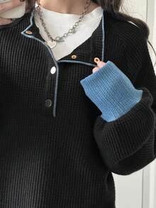 FRIFUL 女士纽扣半开襟撞色长袖休闲宽松T恤 - 黑色 - 查看 4