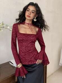 EastFlair Women's Floral Lace Flare Sleeve Fitted Elegant Blouse - Burgundy - View 2