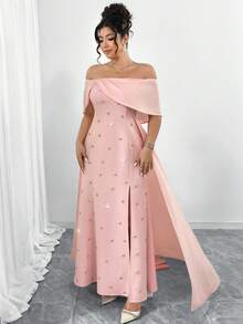 Elenzga 优雅露肩雪纺拼接水钻连衣裙，配披肩袖，适合情人节、郊游、聚会、派对和正式场合。 - 粉色 - 查看 3