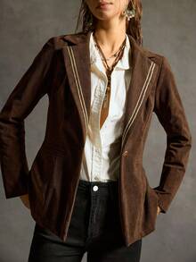 SoleilVie Áo blazer nhung kẻ màu nâu dành cho nữ, trang phục miền Tây mùa thu/đông, phong cách cao bồi dành cho nữ. - màu nâu - Xem 2
