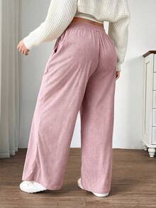 SHEIN EZwear 大码女式高腰宽松喇叭裤，灯芯绒面料，带口袋和贴布设计，适合校园、日常穿着、室内工作、秋冬季节，粉色 - 粉色 - 查看 2