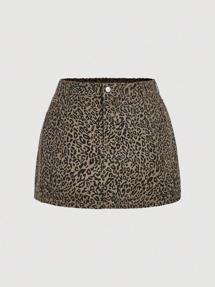 SHEIN MOD Váy mini denim họa tiết da báo thiết kế nút eo dành cho nữ cỡ lớn - màu nâu - Xem 1