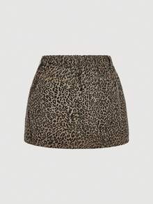 SHEIN MOD Váy mini denim họa tiết da báo thiết kế nút eo dành cho nữ cỡ lớn - màu nâu - Xem 2