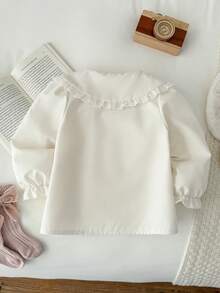 Blossori Young Girls' French Elegant Embroidered Collar Button-Front Long Sleeve Blouse - White - View 2