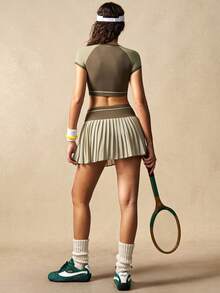 VARSIVA Women's Dark Green Color-Blocked Crew Neck Raglan Short-Sleeve T-Shirt And High-Waisted Color-Blocked Built-In Shorts With Pockets Plump Skirt Casual Tennis Suit.