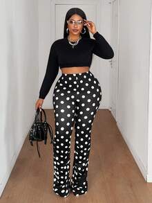 Maweii 大码女式波点印花弹力腰休闲喇叭裤 - 黑與白 - 查看 5