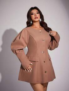 Viva Relle Valentine Plus Size Lantern Sleeve Fitted Wool Coat - Khaki - View 2