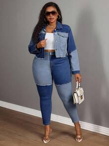 Slaydiva 大码女式牛仔蓝色拼接弹力短外套，长袖牛仔竞技 - 中等水洗藍 - 查看 4