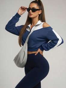 Innovista Contrast Color Splice Off-Shoulder Cropped Sports Jacket Women's Navy White Colorblock Cropped Knit Sports Jacket Zip Up Loose Fit Baggy Workout Top With Shoulder Cut Out Design Lightweight Fall Athleisure Running Cycling HIIT Office To Gym Daily Casual Oversized Hip Hop Relaxed Style Blouse Gym Blouses For Women Royal Blue Top Navy Blue Top
