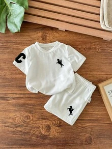 Bộ áo sơ mi tay ngắn in họa tiết màu trắng dễ thương phong cách sinh viên giản dị dành cho bé trai sơ sinh và quần short cạp chun - Màu be - Xem 5