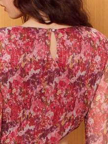 lacRébo Vestido mini de manga larga semitransparente con estampado floral rosa, con corte lateral y detalles fruncidos, estilo lindo, estilo francés, estilo parisino - Multicolor - Ver 6