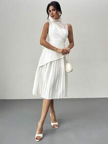 Firerie 女士优雅简约精致浪漫迷人新年派对情人节约会高贵蕾丝拼接缎带领二合一收腰褶裥下摆A字白色中长连衣裙 - 白色 - 查看 4