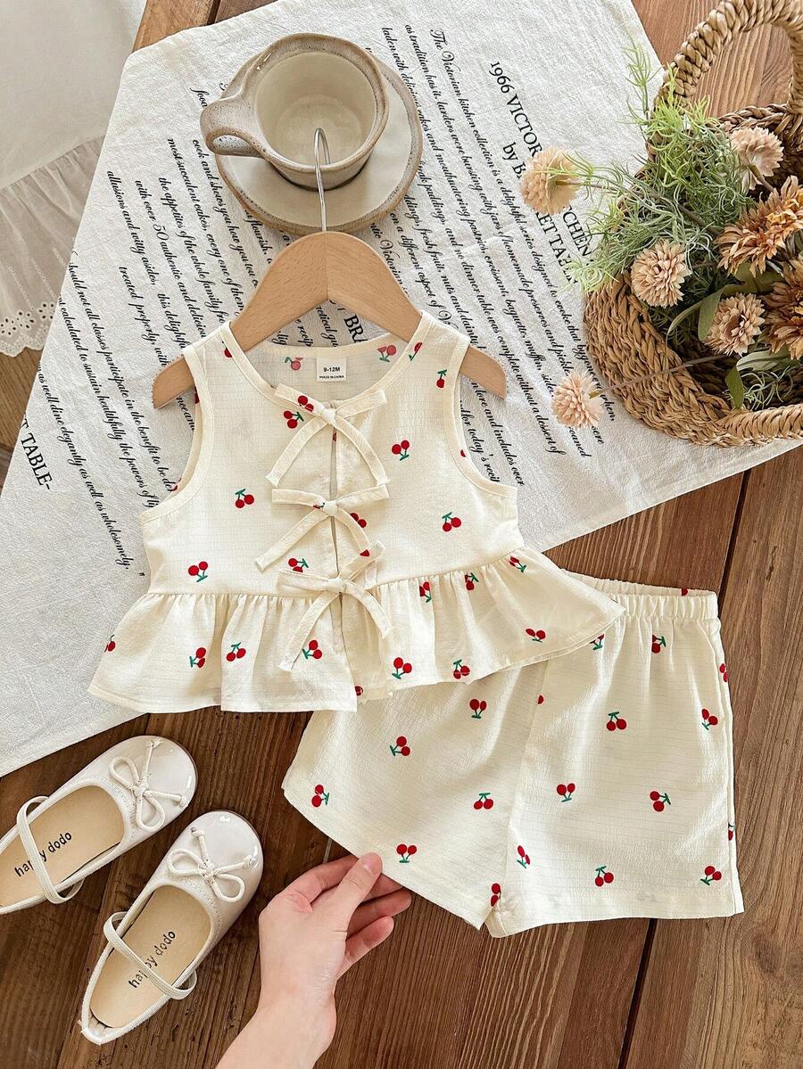 SHEIN LMoss Kids Babygirl Cute Summer Pink & White Striped Bow Sleeveless Top And Elastic Waist Shorts Set