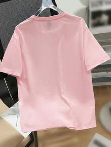 "Camiseta de manga corta con cuello redondo, adornada con estampado, para ropa de Año Nuevo, camisetas gráficas para mujeres - Rosa - Ver 2