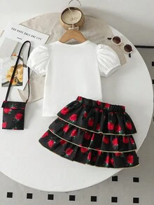 SHEIN 夏季新款时尚女宝宝两件套：印花圆领短袖T恤+碎花蛋糕裙，配可爱斜挎包，时尚女宝宝套装 - 紅白色 - 查看 2