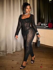 Slaydiva 新款春夏音乐节情人节休闲简约基础款Y2K街头甜美网红热销日常约会辣妹风性感透视方领罩杯收腹蕾丝边修身长裤豹纹网纱紧身连体裤女士性感蕾丝连体裤 - 黑色 - 查看 5