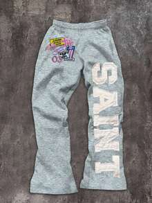 INAWLY 女式休闲街头风格美国独立日十字刺绣图案口袋抽绳连帽衫和喇叭形运动裤 2 件套 - 灰色 - 查看 4